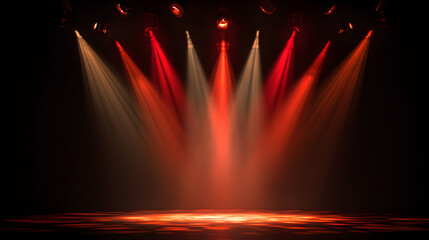 Dramatic stage lighting with red and orange spotlights on a dark background