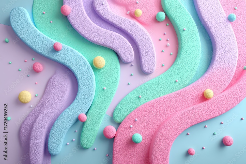 Poster pastel abstract background with wavy shapes and spheres, featuring delicate textures and vibrant col