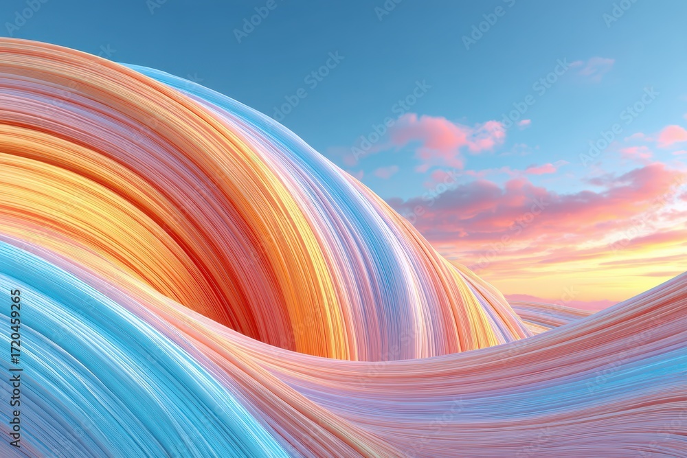Poster a vibrant abstract landscape with flowing multicolored waves under a soft sunset sky, creating a dyn