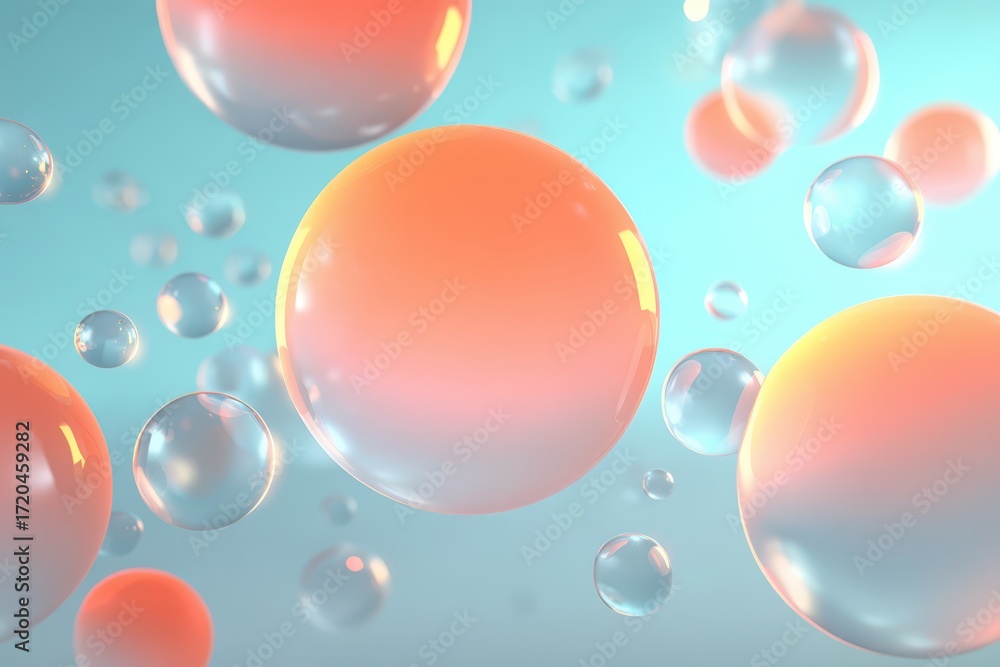 Poster abstract vibrant background featuring a cluster of glossy spherical shapes in a gentle, pastel-color