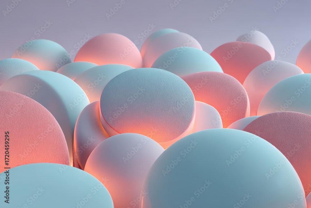Poster a captivating abstract composition of pastel colored, textured, and glossy spherical shapes. soft li
