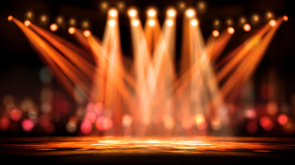 Bright orange stage lights illuminating an empty concert venue