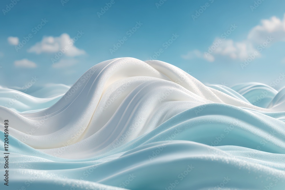 Poster abstract soft waves in white and light blue colors with a clear blue sky background, creating a sere