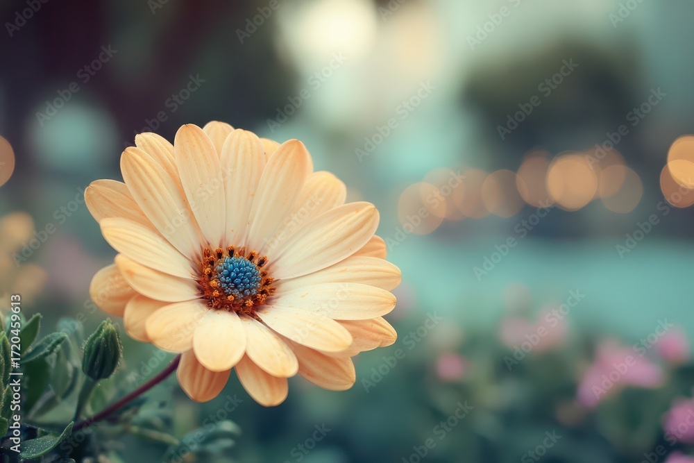 Poster a delicate peach-colored daisy with a striking blue center, surrounded by greenery and a soft bokeh 