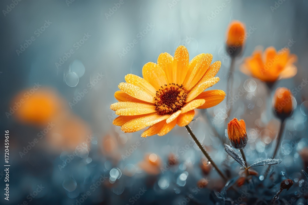 Poster close-up photograph of a vibrant yellow daisy with dew drops, set against soft bokeh background high