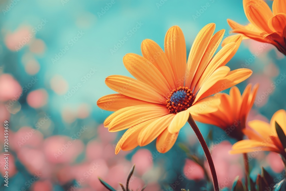 Poster a vibrant close-up of orange daisies with a striking blue center and bokeh background, creating a ca