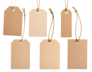 A collection of blank, rustic tags hanging together, showcasing various shapes and sizes for labeling purposes.