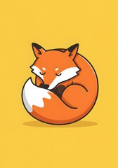 Obraz premium Cute Cartoon Fox Sleeping Curled Up, Minimalist Illustration