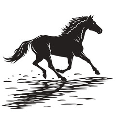 Horse galloping on wet sand silhouette