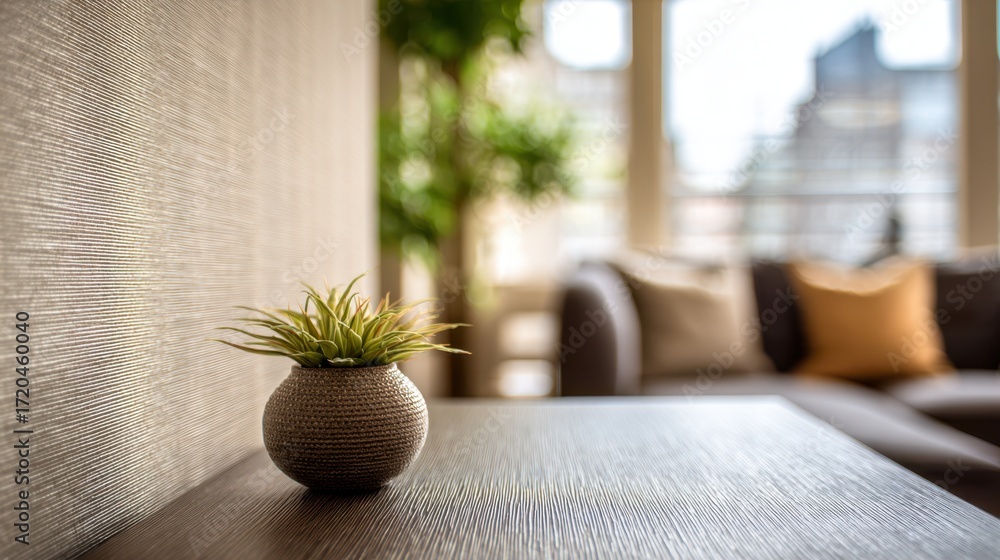 Poster Shot capturing the textured surface of a custom wallpaper with subtle modern lines in sharp focus contrasting with a softly blurred contemporary living space.
