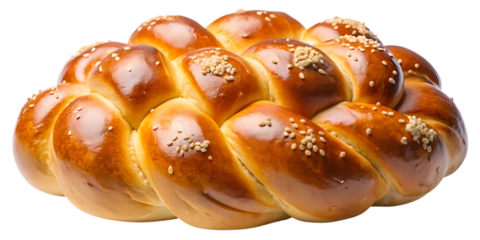 Delicious braided challah bread with sesame seeds, a traditional jewish sweet bread, isolated on transparent background, perfect for holidays