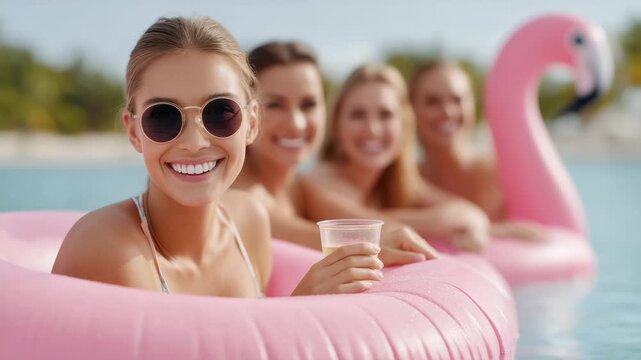 Joyful friends relax on flamingo floatie in tropical pool paradise