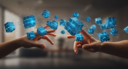 Abstract Floating Blue Cubes Connecting with Hands in Modern Room