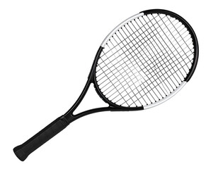 A close-up view of a black tennis racket with a white grip and strings against a plain background.