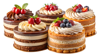 A tempting selection of five individual cakes isolated on transparent background, each adorned with a variety of fresh berries and decadent chocolate and cream swirls