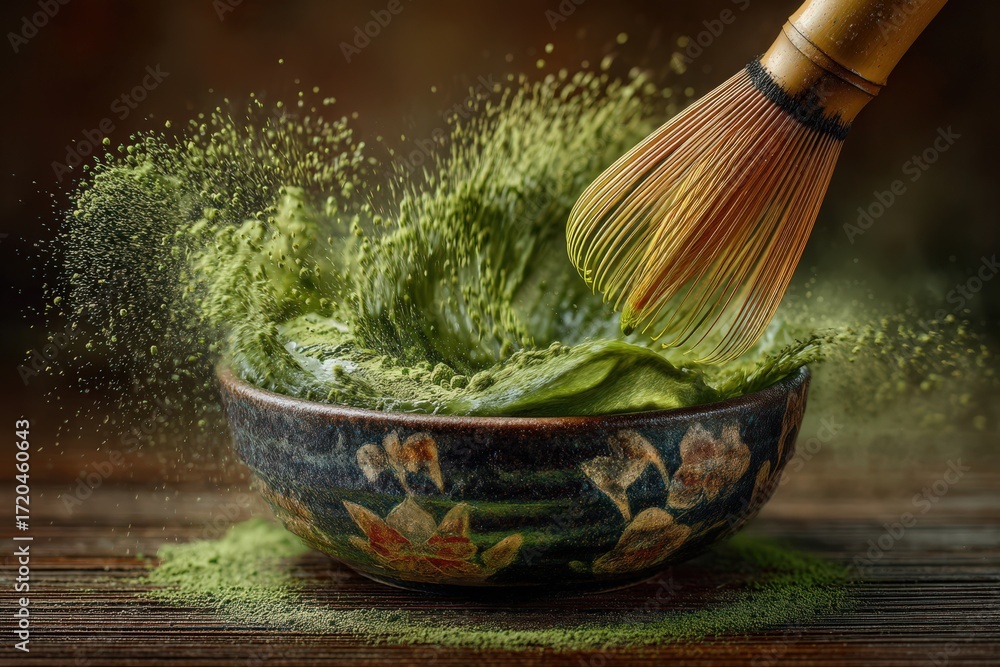 Poster capturing the art of matcha preparation with a bamboo whisk creating dynamic swirls of green tea pow