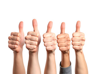 Five hands displaying thumbs up in a gesture of approval and positivity against a black background.