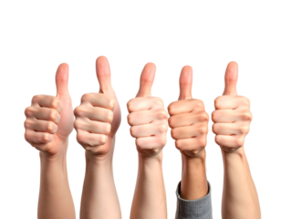 Five hands displaying thumbs up in a gesture of approval and positivity against a black background.