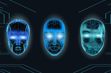 A modern illustration of three glowing AI robotic faces with neon blue circuits symbolizing future technologies, machine learning, and cyber innovation.