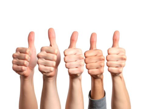 Five hands displaying thumbs up in a gesture of approval and positivity against a black background.