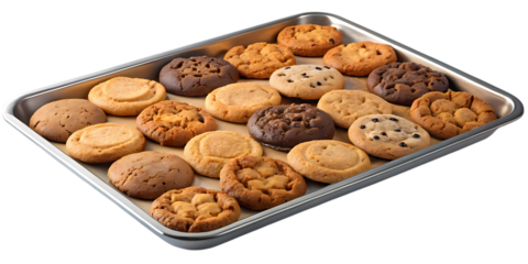 An assortment of freshly baked cookies on a baking sheet isolated on transparent background featuring chocolate chip, peanut butter, and sugar cookies