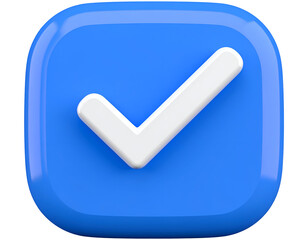 A blue square icon featuring a prominent white check mark symbolizing approval or completion in a digital context.