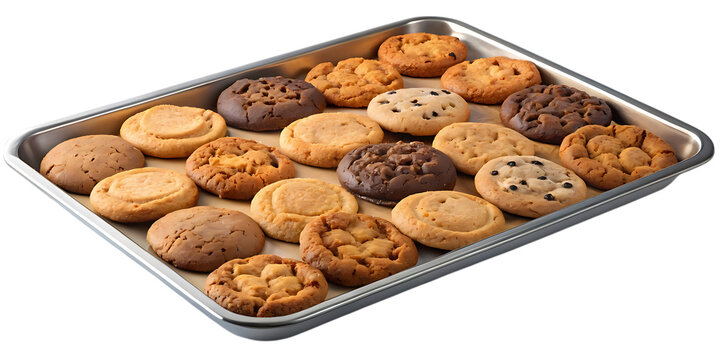 An assortment of freshly baked cookies on a baking sheet isolated on transparent background featuring chocolate chip, peanut butter, and sugar cookies