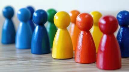 Colorful wooden figures in a straight line.