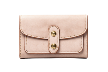 A pale pink leather wallet with gold buttons and stitching, isolated on a transparent background. background removed