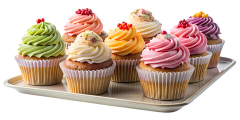 A tempting selection of cupcakes isolated on transparent background, each boasting a different flavor and vibrant frosting, elegantly presented on a silver serving tray