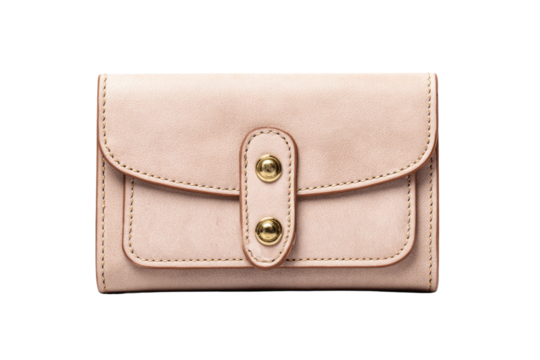 A pale pink leather wallet with gold buttons and stitching, isolated on a transparent background. background removed
