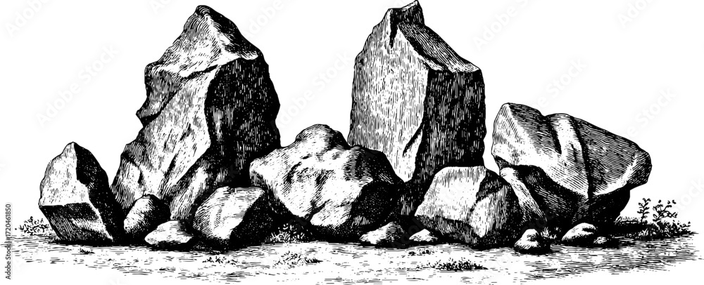 Poster hand drawn vintage sketch of sharp angular stone edges for retro design
