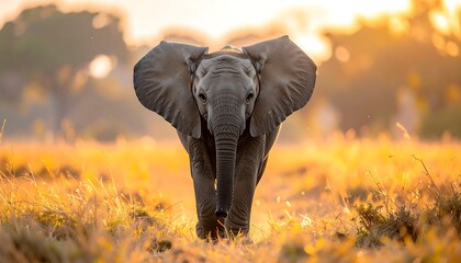 Young elephant walking toward the camera in an open field at golden hour, bathed in warm light, with out-of-focus background