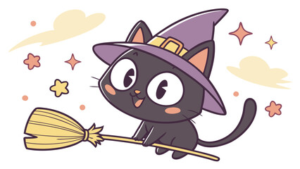 Cute halloween black cat witch flying on broom vector illustration clip art design graphic resource image