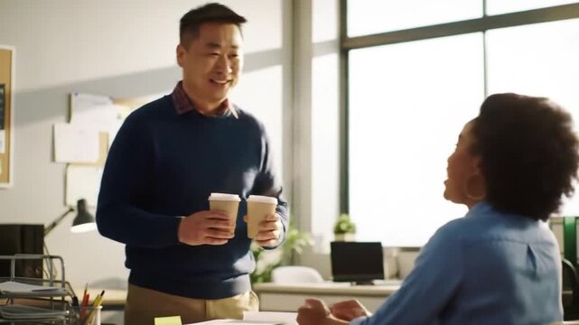 Man holding two coffee cups talking to a woman in an office space