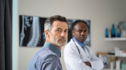 Obraz premium Medical consultation for lumbar disc herniation with patient and doctor interaction in a clinical setting. Orthopedic, rehabilitation, pain, therapy, medicine, spine. 