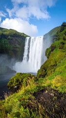 Fototapeta premium Majestic Waterfall Cascading Down Mossy Cliffs Under Blue Sky