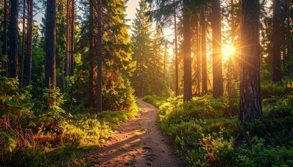 Obraz premium A tranquil forest path illuminated by the golden rays of a morning sunrise, creating long shadows and a peaceful atmosphere