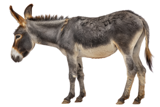 Grey donkey standing sideways, facing left, isolated on transparent background. background removed