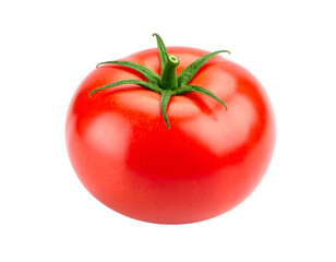 Vibrant red tomato with a glossy and green stem, showcasing freshness and natural beauty.