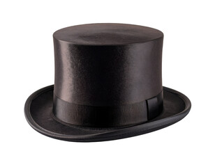 A classic black top hat with a sleek design, perfect for formal occasions and vintage-themed events.