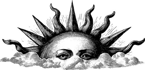 Vintage sun with stylised rays in retro engraving style for artistic design