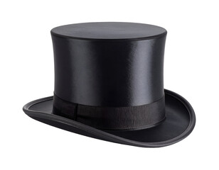 A classic black top hat with a smooth finish and a sleek satin band, perfect for formal occasions and events.
