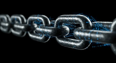 Metal Chain Links with Binary Data on Black Background