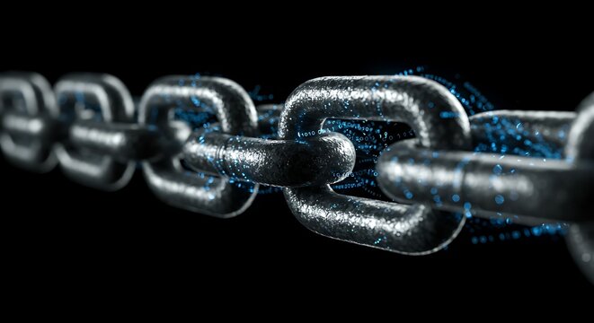 Metal Chain Links with Binary Data on Black Background