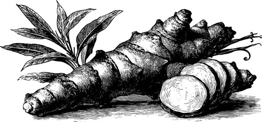 Fototapeta premium Vintage illustration of sliced turmeric root with leaves for herbal medicine design