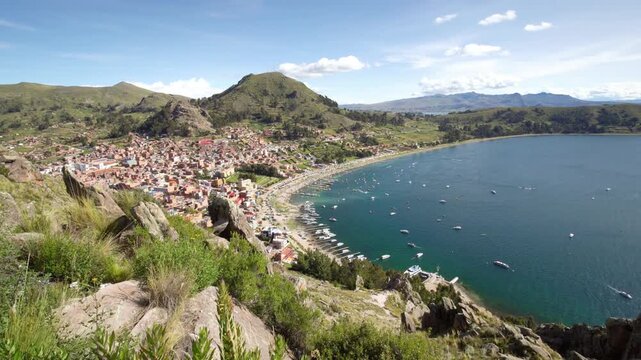 Panoramic view of copacabana town on isla del sol, lake titicaca, bolivia