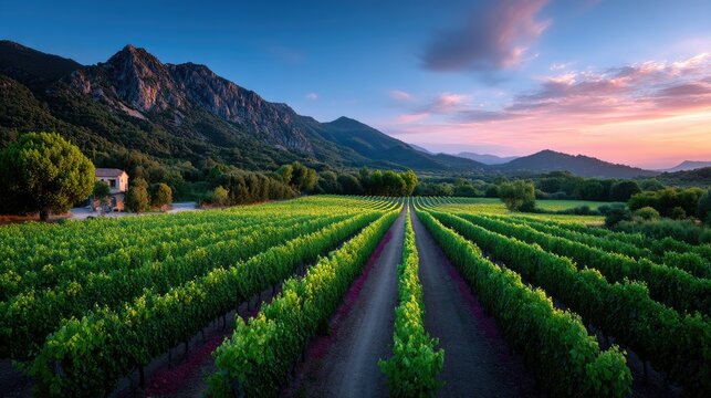 Aerial View of Green Vineyard Rows at Sunset with Mountain Backdrop