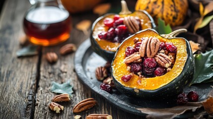 Stuffed acorn squash with cranberries and pecans.