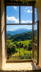 Scenic mountain vista through an old window
